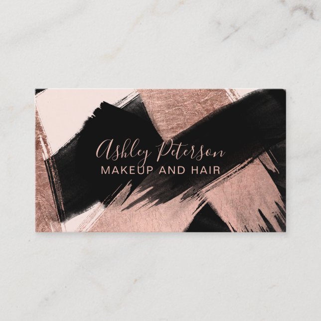 Black rose gold brushstroke typography hair makeup business card (Front)