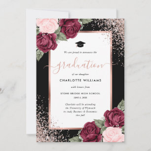 Black Rose Gold Burgundy Pink Floral Graduation Announcement