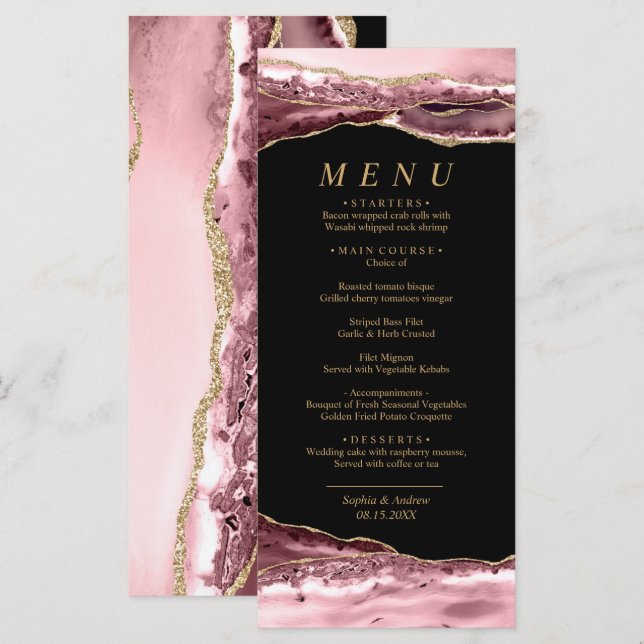 Black & Rose Gold Calligraphy Wedding Menu (Front/Back)