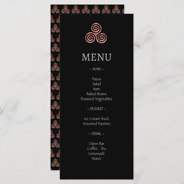 Black Rose Gold Celtic Knot Wedding Menu Cards (Front/Back)