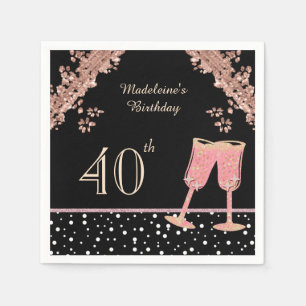 Black & Rose Gold Champagne 40th Birthday Cocktail Napkin