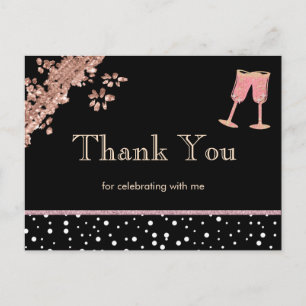 Black & Rose Gold Champagne 40th Birthday Thanks Postcard