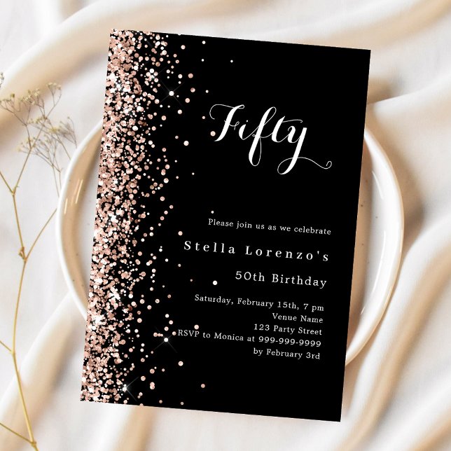 Black rose gold confetti birthday invitation (Creator Uploaded)