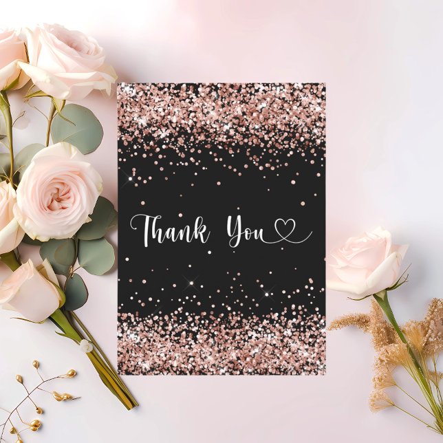 Black rose gold confetti script thank you card (Creator Uploaded)