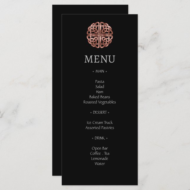 Black Rose Gold Dara Celtic Knot Wedding Menu (Front/Back)