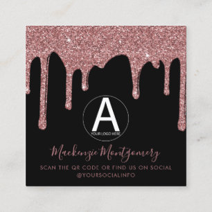 Black Rose Gold Dripping Glitter Business Logo Square Business Card