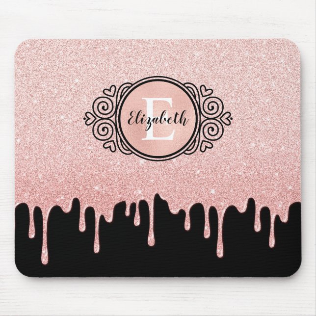 Black Rose Gold Dripping Glitter Mouse Pad (Front)