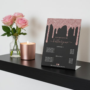 Black Rose Gold Dripping Glitter Salon Price List Pedestal Sign