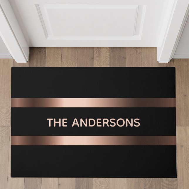 Black rose gold family monogram elegant modern doormat (Creator Uploaded)