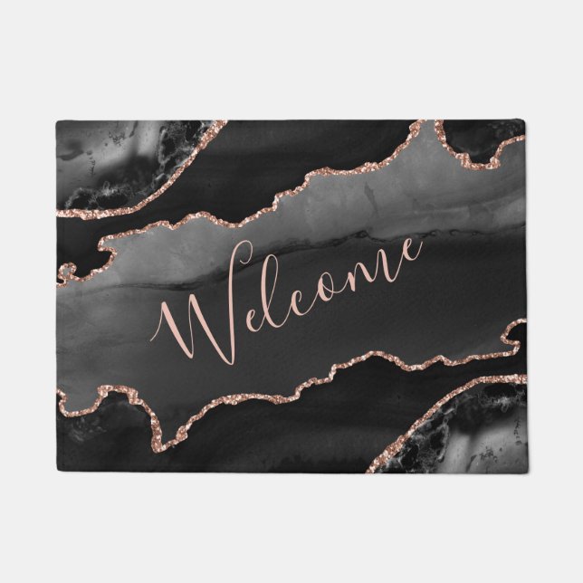 Black & Rose Gold Faux Glitter Agate Doormat (Front)