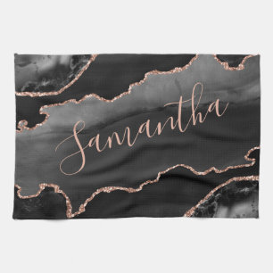 Black & Rose Gold Faux Glitter Agate Tea Towel