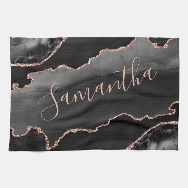 Black & Rose Gold Faux Glitter Agate Tea Towel (Horizontal)