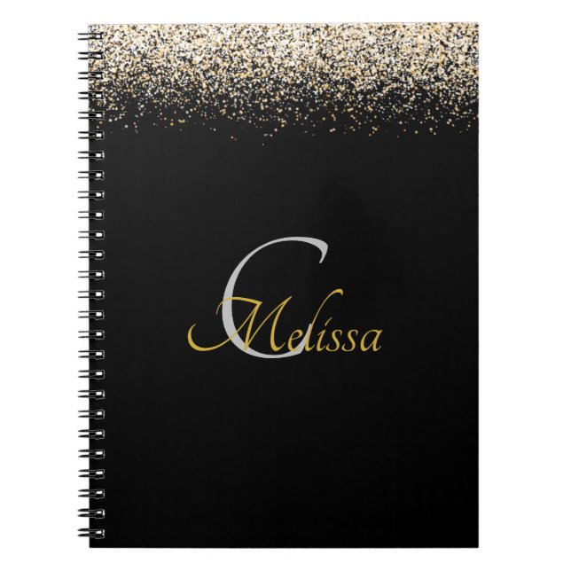 Black Rose Gold Faux Glitter Monogram Name Notebook (Front)