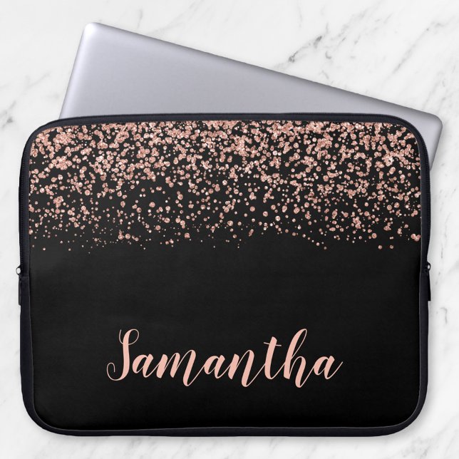 Black Rose Gold Faux Glitter Personalised Laptop Sleeve (Creator Uploaded)