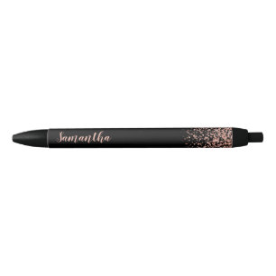 Black Rose Gold Faux Glitter Personalised Name Black Ink Pen