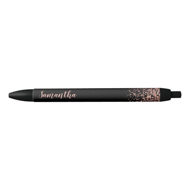 Black Rose Gold Faux Glitter Personalised Name Black Ink Pen (Front)