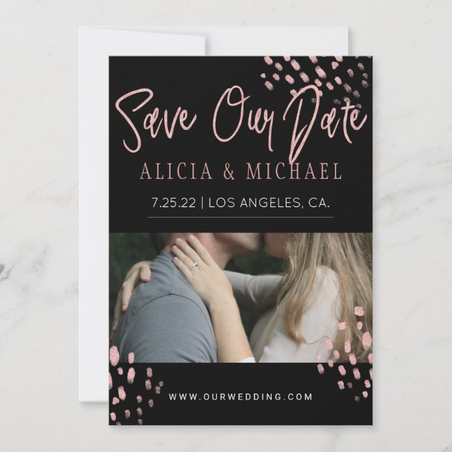 Black Rose Gold Faux Glitter Typography PHOTO Save The Date (Front)
