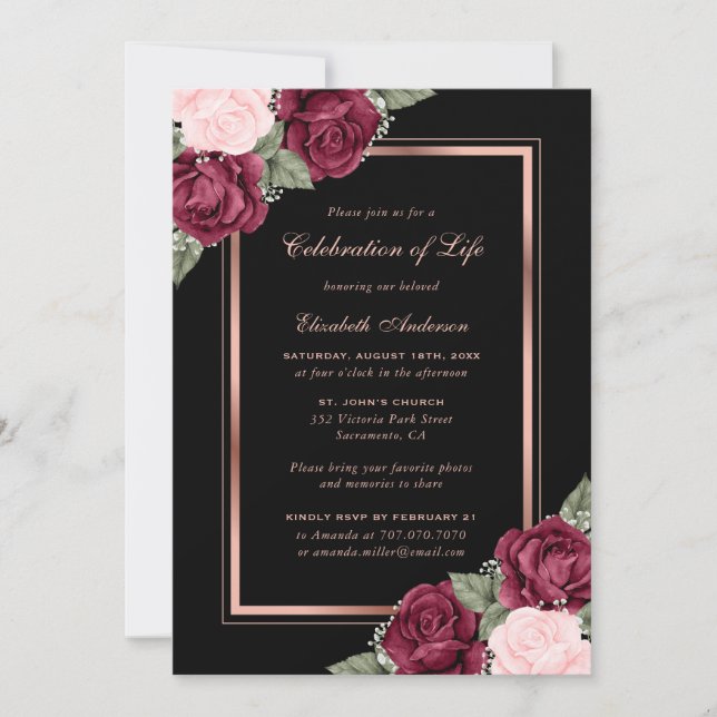 Black Rose Gold Floral Celebration of Life Photo Invitation (Front)