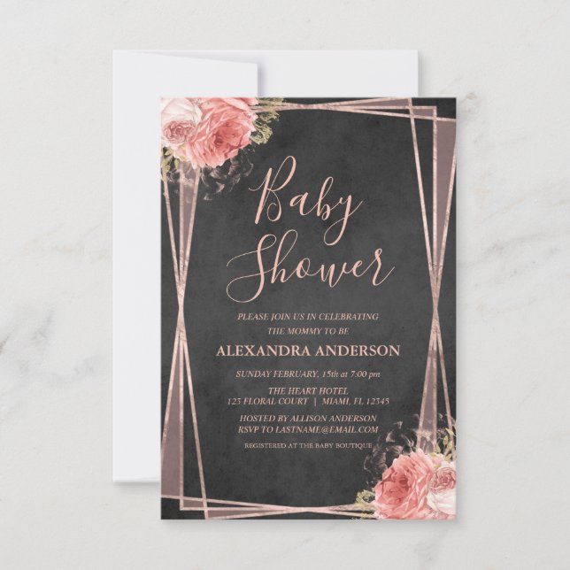 Black Rose Gold Floral Geometric Baby Shower Invitation (Front)