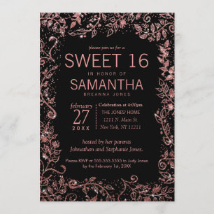 Black Rose Gold Floral Glitter Sweet 16 Invitation