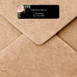 Black rose gold floral greenery return address  return address label<br><div class="desc">A rose gold and blush pink rose,  floral and eucalyptus greenery and faux gold foliage.  Personalise and add your name and address. Black background,  white text.</div>