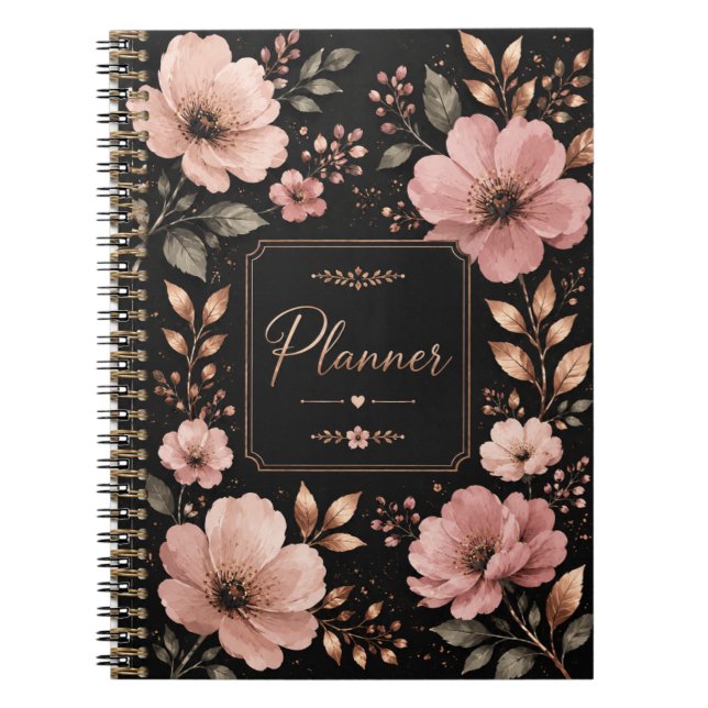 Black & Rose Gold Floral Planner Notebook (Front)