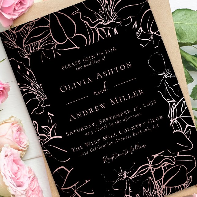 Black Rose Gold Floral Wedding Invitation (Creator Uploaded)