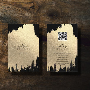 Black & Rose Gold Foil Brush Stroke QR Code Business Card