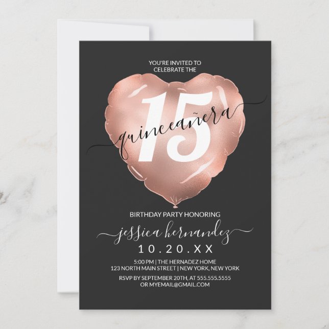 Black Rose Gold Foil Heart Balloon Quinceañera Invitation (Front)
