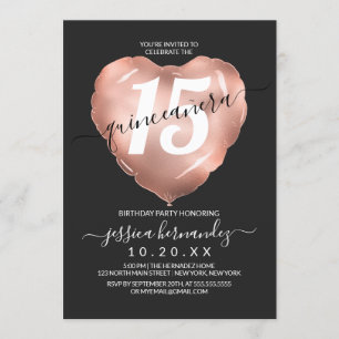 Black Rose Gold Foil Heart Balloon Quinceañera Invitation