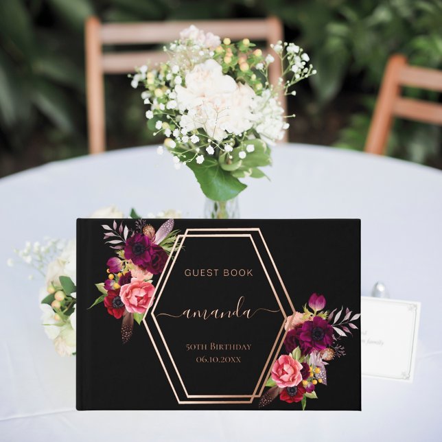 Black rose gold geometric burgundy floral Birthday Guest Book (Creator Uploaded)