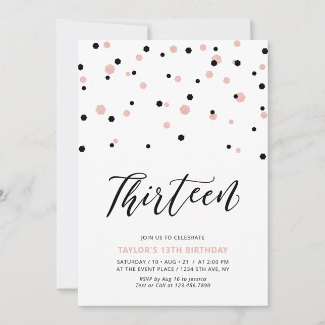 Black & Rose Gold Girl 13th Teen Birthday Party Invitation (Front)