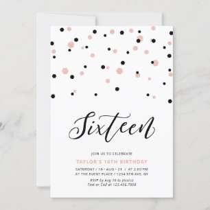 Black & Rose gold Girl 16th Teen Birthday Party Invitation