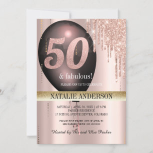 Black Rose Gold Glitter Balloon 50th Birthday Invitation