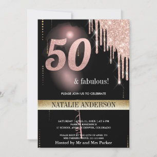 Black Rose Gold Glitter Balloon 50th Birthday Invitation