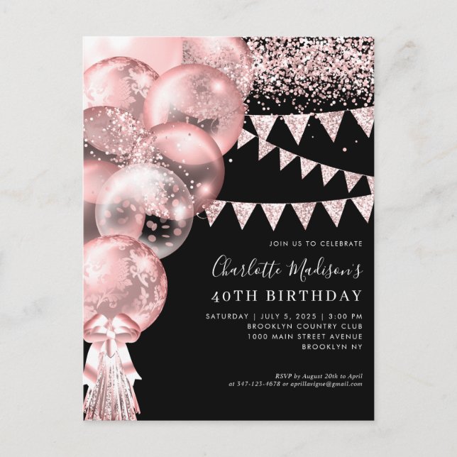 Black Rose Gold Glitter Balloon Any Age Birthday Postcard (Front)