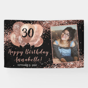 Black Rose Gold Glitter Balloon Photo Birthday Banner