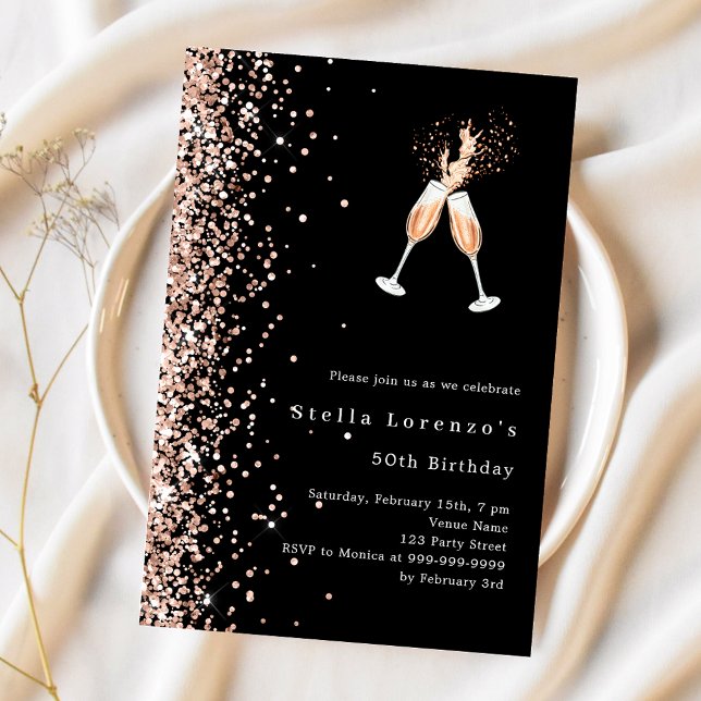 Black rose gold glitter cheers birthday invitation (Creator Uploaded)