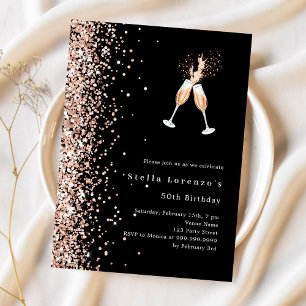 Black rose gold glitter cheers birthday invitation