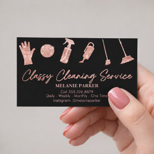 Black & Rose Gold Glitter Classy Cleaning Services Business Card