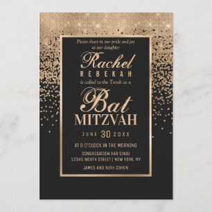 Black Rose Gold Glitter Confetti Photo Bat Mitzvah Invitation
