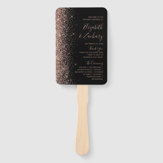 Black Rose Gold Glitter Dark Wedding Program Hand Fan (Front)