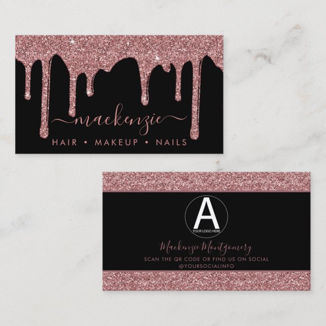 Black Rose Gold Glitter Drips Business Logo Card (Front/Back)