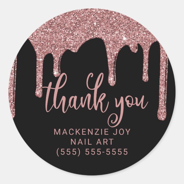Black Rose Gold Glitter Drips Business Thank You Classic Round Sticker (Front)
