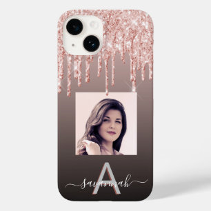 Black rose gold glitter drips photo monogram Case-Mate iPhone 14 case