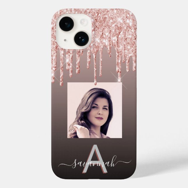 Black rose gold glitter drips photo monogram Case-Mate iPhone case (Back)