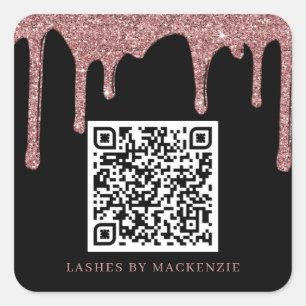 Black Rose Gold Glitter Drips QR Code Business Square Sticker
