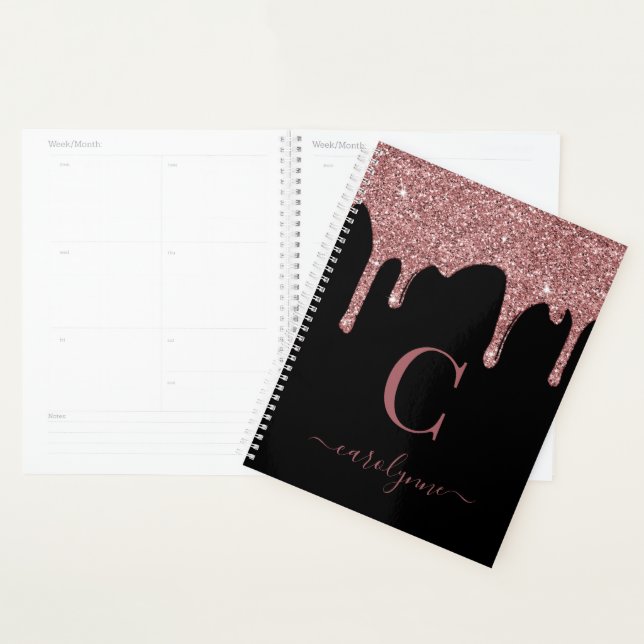 Black Rose Gold Glitter Drips Sparkle Monogram Planner (Display)