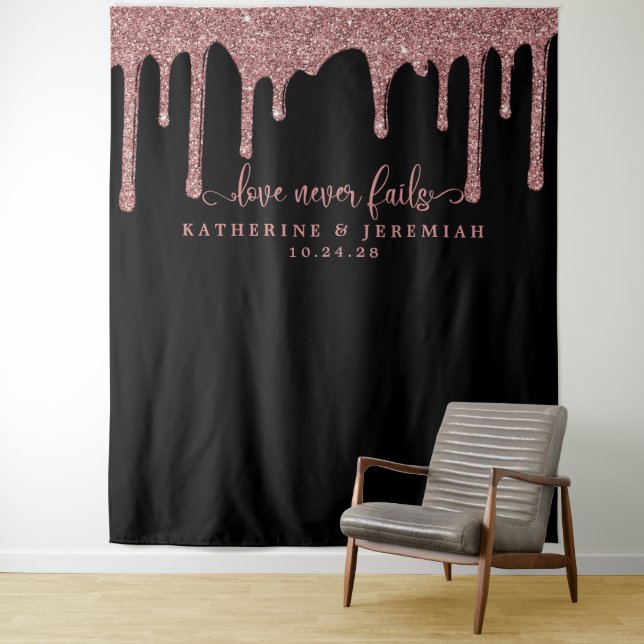Black Rose Gold Glitter Drips Wedding Backdrop Tapestry (In Situ)