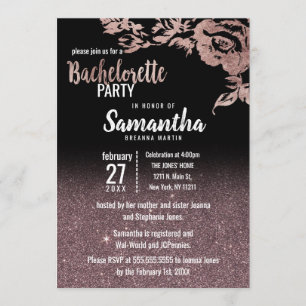 Black Rose Gold Glitter Floral Bachelorette Invitation